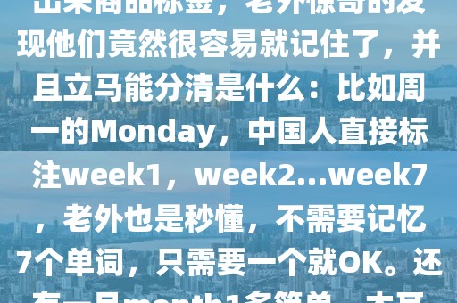 勤學恒念：漢語對英語的絕殺開始了隨著越來越多的國外中餐館和中國超市按漢語習慣打出來商品標簽，老外驚奇的發(fā)現(xiàn)他們竟然很容易就記住了，并且立馬能分清是什么：比如周一的Monday，中國人直接標注week1，week2…week7，老外也是秒懂，不需要記憶7個單詞，只需要一個就OK。還有一月month1多簡單，木耳Wood Ear，豬肉Pigmeat，羊肉Goatmeat，牛肉Cowmeat，好久不見l